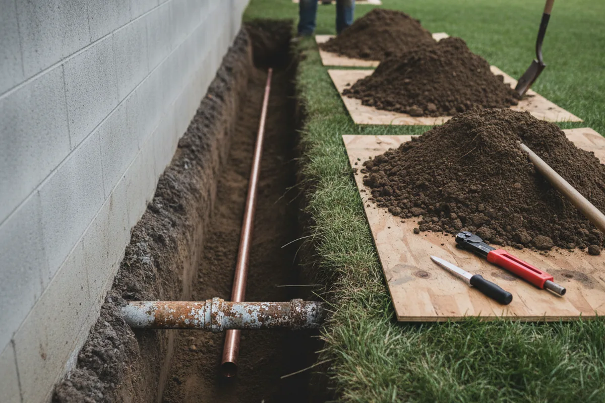 Excavated water line trench during Water Softener Installation in Boswell